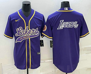 Mens Los Angeles Lakers Purple Big Logo Cool Base Stitched Baseball Jersey